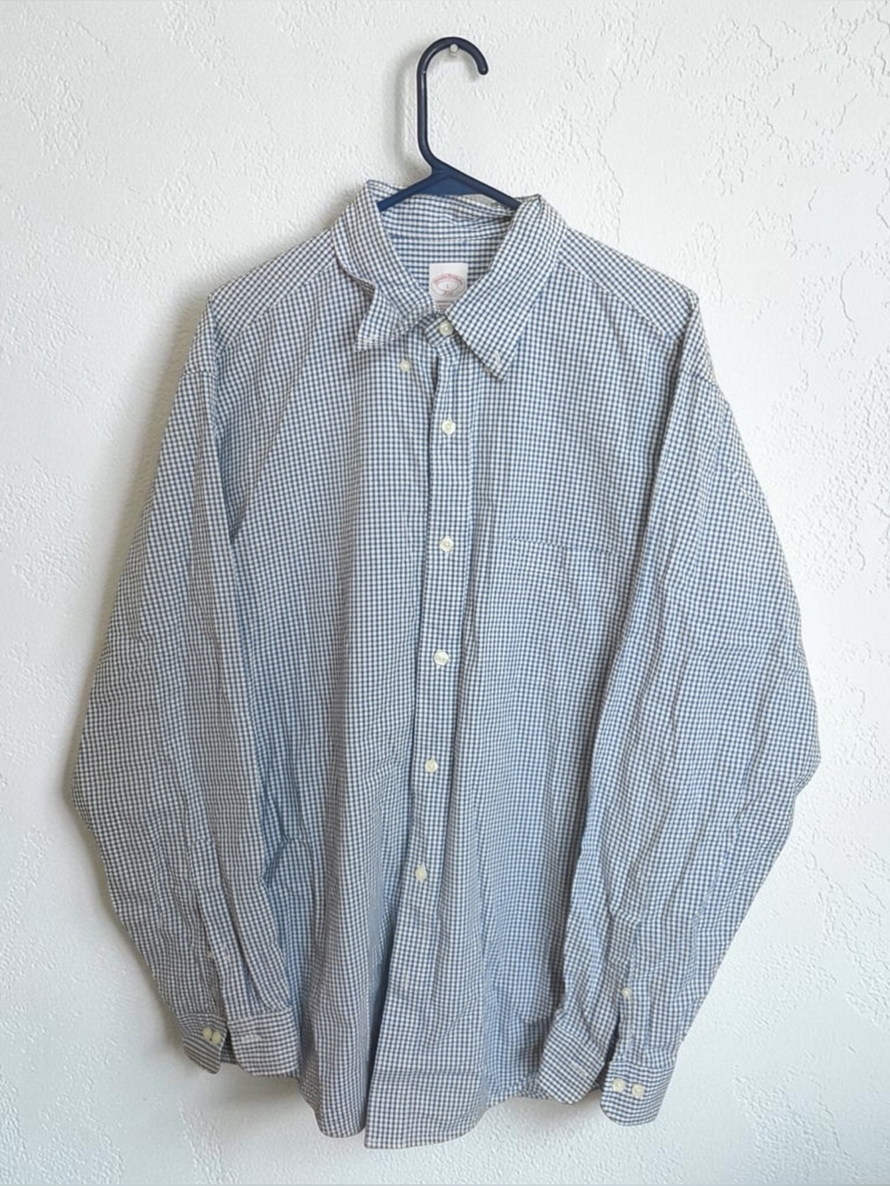 Brooks Brothers Blue Gingham Plaid Seersucker Button Down Long Sleeve Shirt Lg